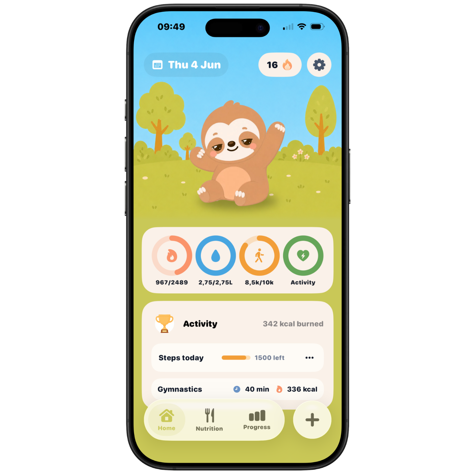 The Loslo app showing the home screen with the sloth mascot and daily goals